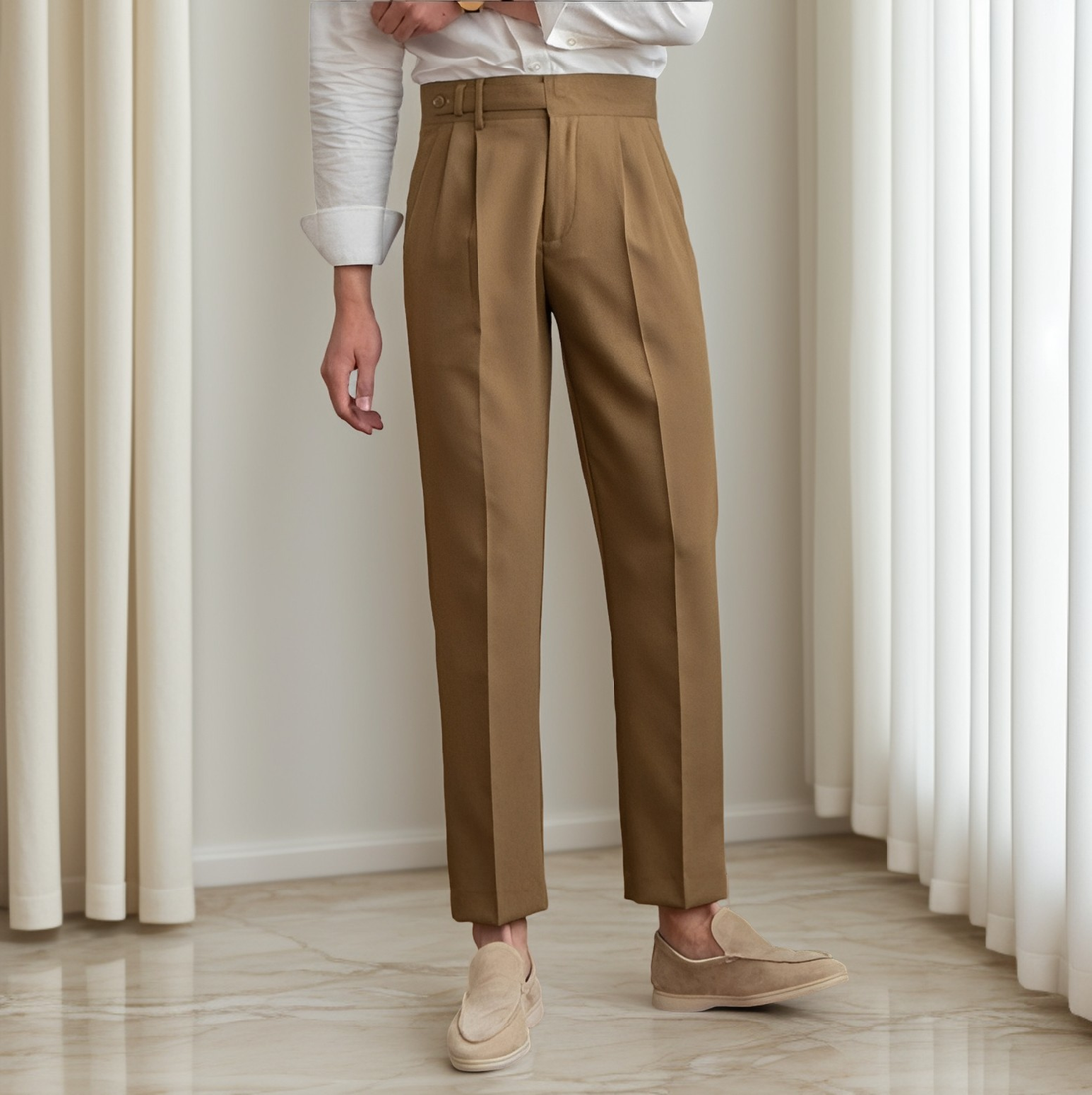 Kristian - Elegant pleated trousers with buckle for men