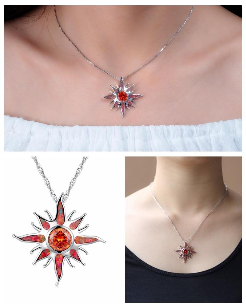 Yani – Necklace with sun ray pendant of fire opal and garnet