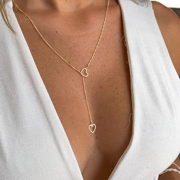 Heart Drop Necklace - Golden Drop Necklace with 2 Hearts