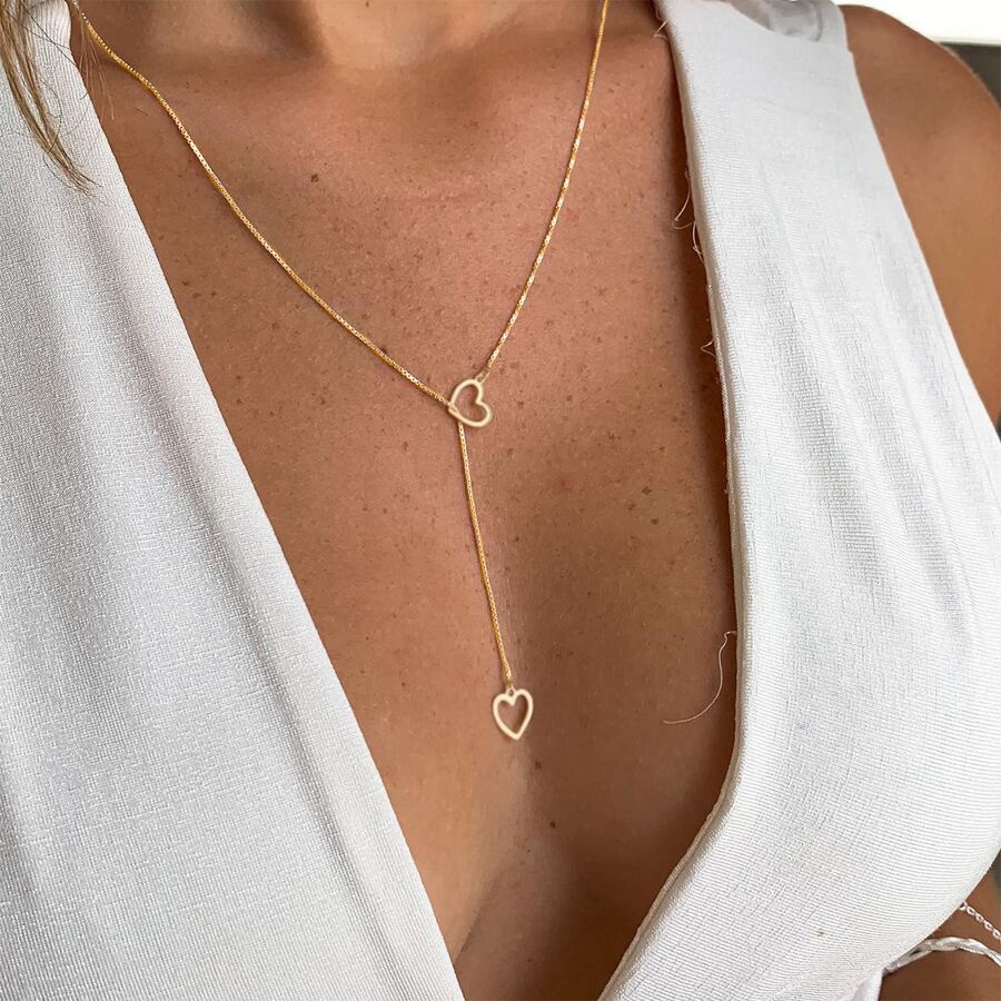 Heart Drop Necklace - Golden Drop Necklace with 2 Hearts