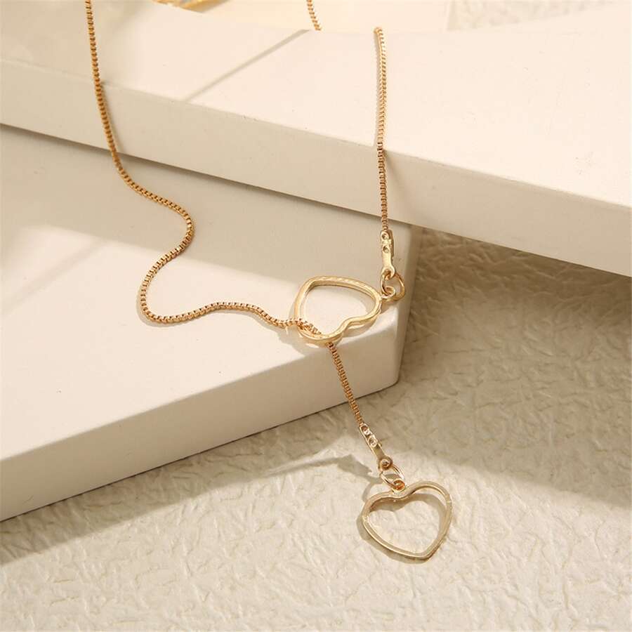 Heart Drop Necklace - Golden Drop Necklace with 2 Hearts
