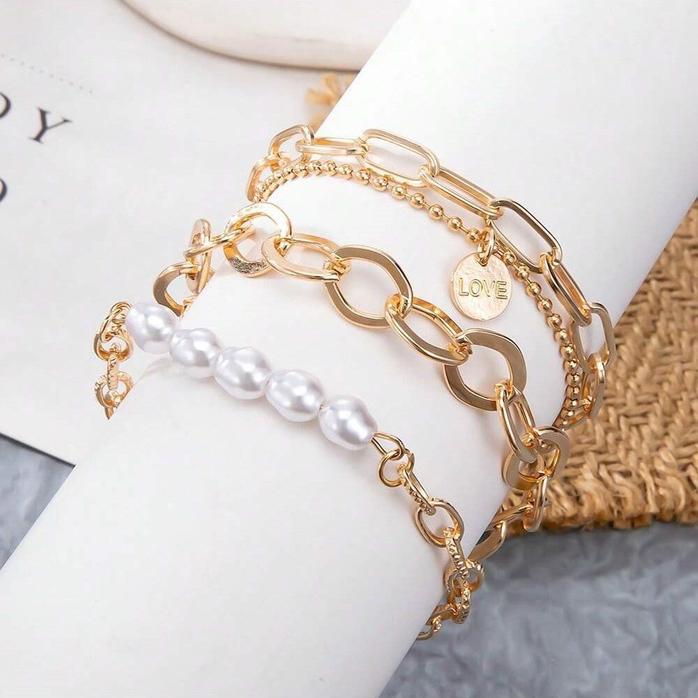 Golden Pearl Bracelet Set of 3 Pieces - Great Chain Set