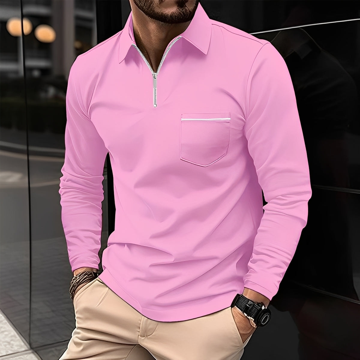 Florent - Long-Sleeve Men's Polo Shirt with Zipper