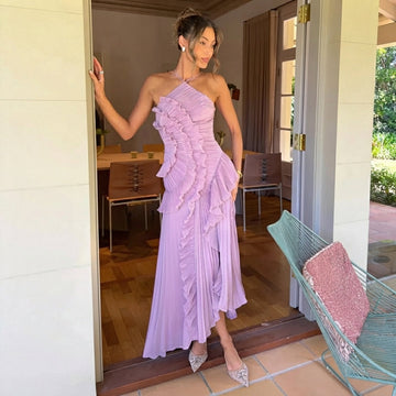 Khatereh - Elegant Ruffles and Halterneck Midi Dress