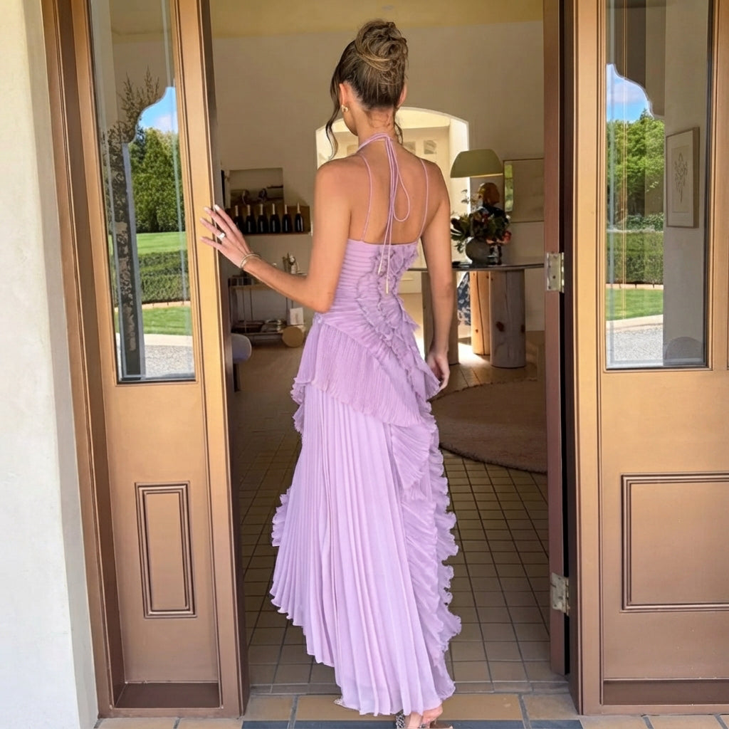 Khatereh - Elegant Ruffles and Halterneck Midi Dress