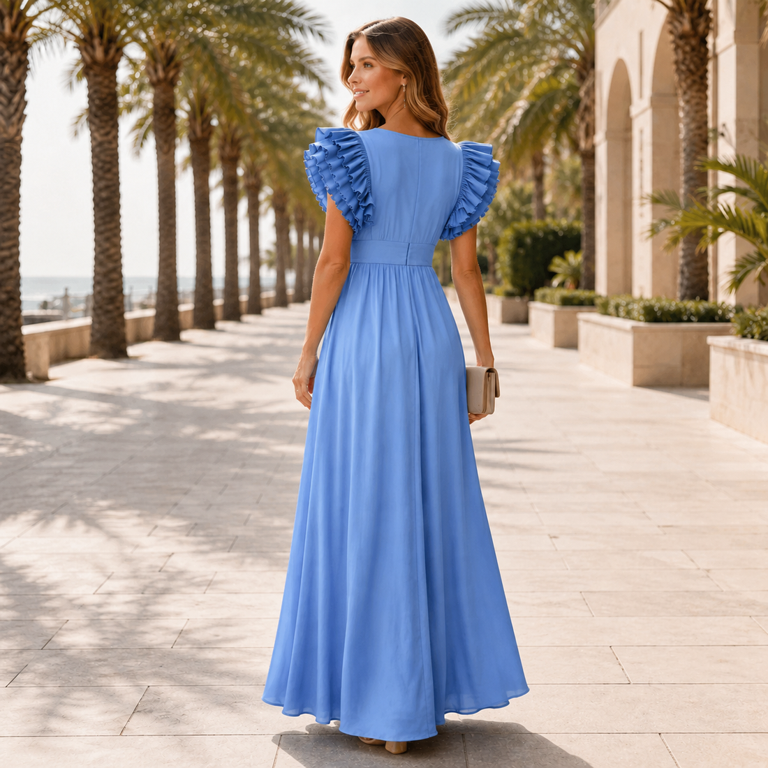 Zhallie - Sophisticated Ruffle-Sleeve Maxi Dress