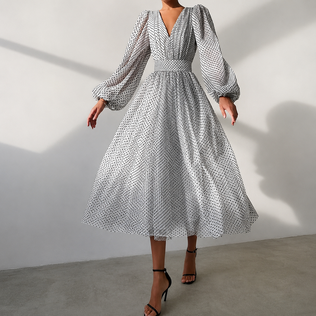 Emina - Stylish Long Sleeve V-Neck Dress