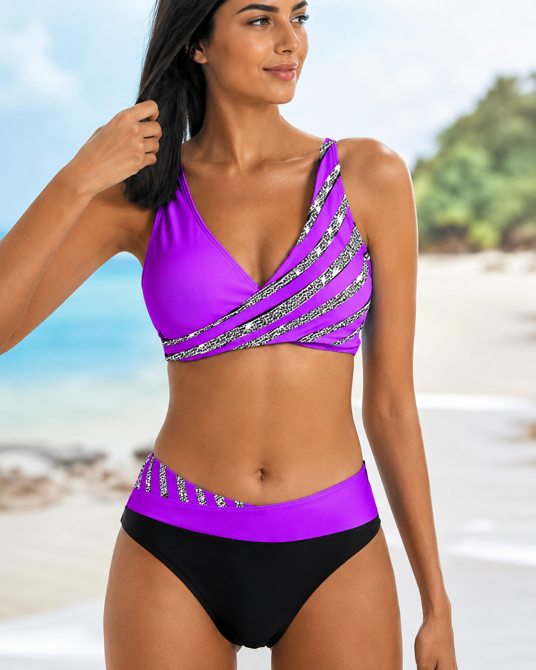 Deliana - Fashionable Striped Two Piece Bikini Set