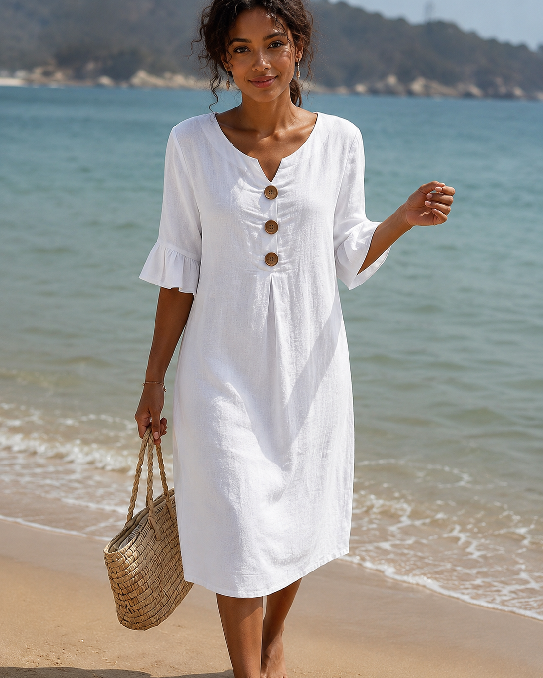 Éliane - Modern Button V-Neck Dress