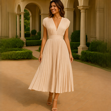 Elvira - Elegant Pleated V-Neck Midi Dress