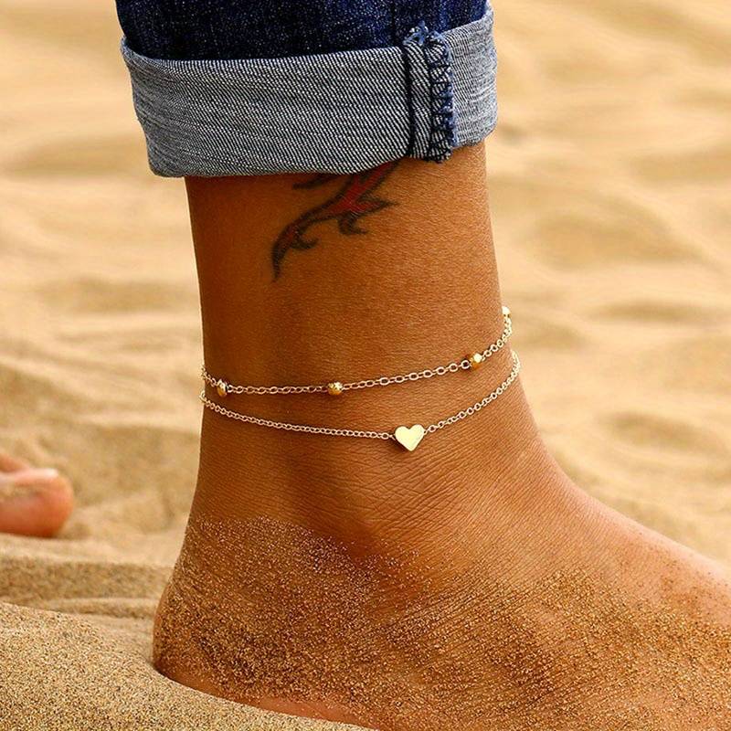 Mini heart-shaped ankle bracelet - Double layer love bracelet