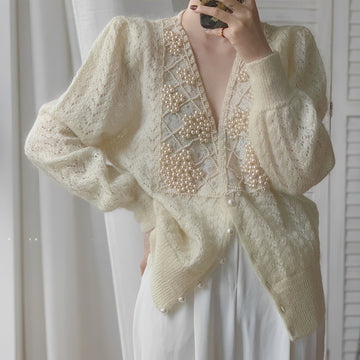 Rachael - Stylish women's long-sleeve cardigan with pearl details
