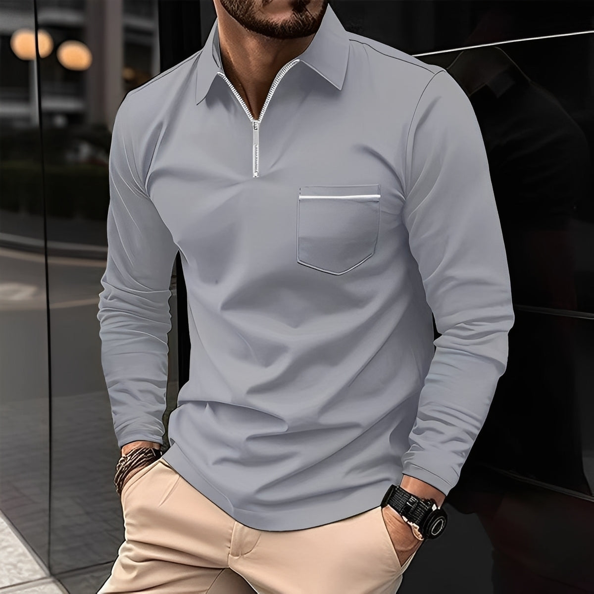 Florent - Long-Sleeve Men's Polo Shirt with Zipper