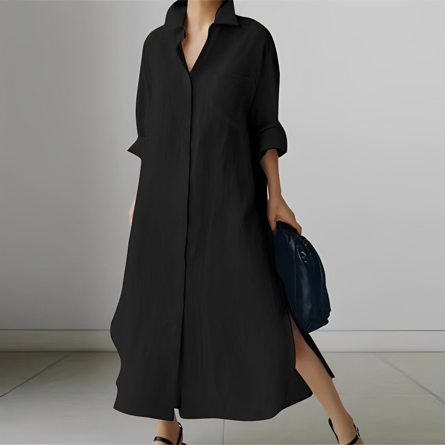 Nancy - Women's loose midi dress in a shirt style with a slit