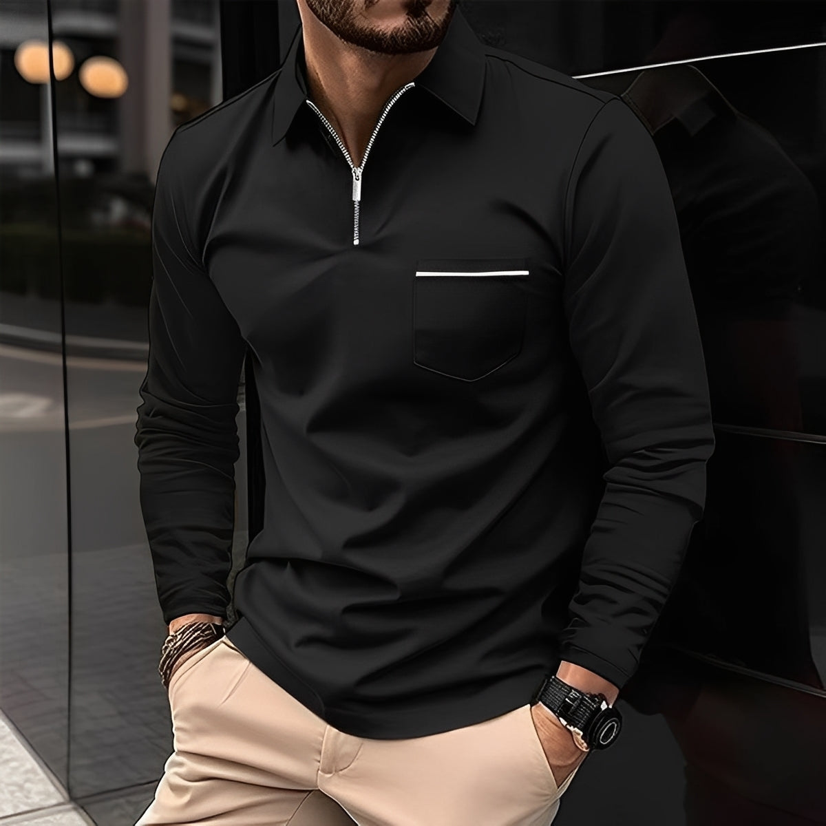 Florent - Long-Sleeve Men's Polo Shirt with Zipper