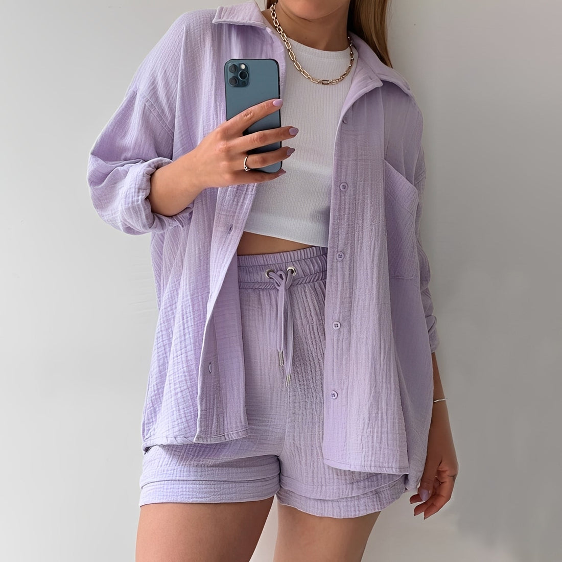 Julia - Casual set with lapel collar and high waist for women