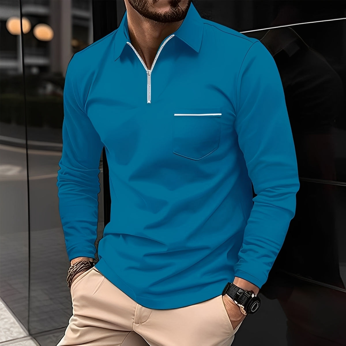 Florent - Long-Sleeve Men's Polo Shirt with Zipper