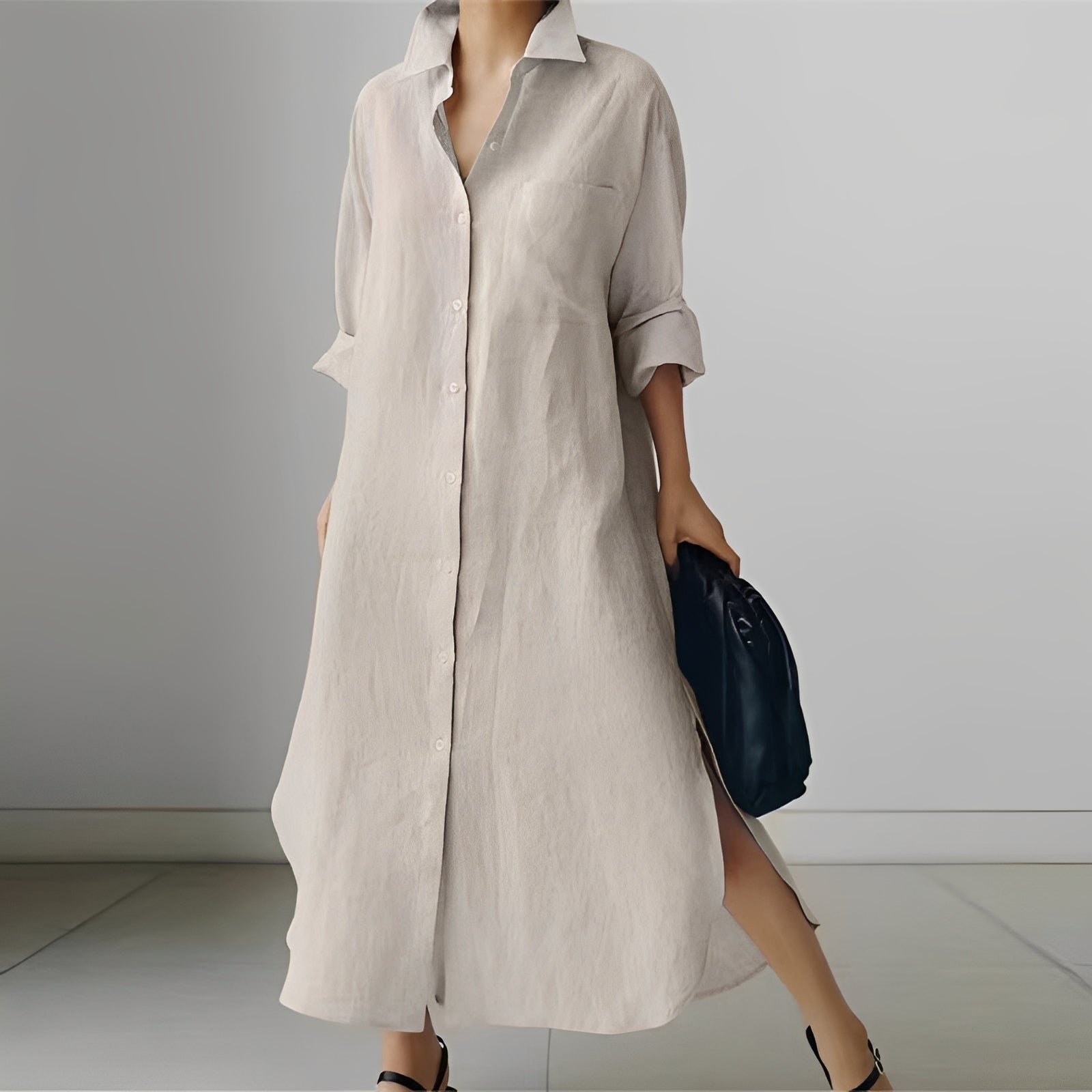 Nancy - Women's loose midi dress in a shirt style with a slit