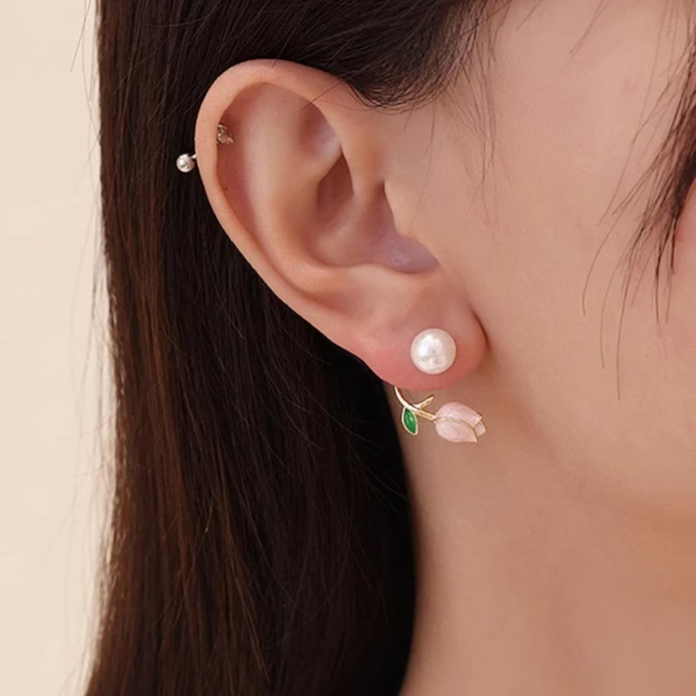 Tulip Pearl Earrings - Violet Flower Pearl Earrings