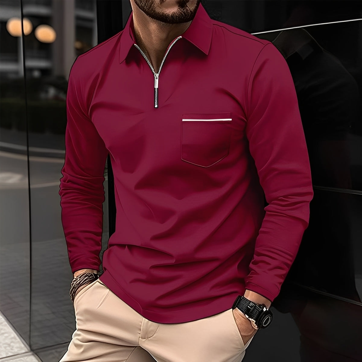 Florent - Long-Sleeve Men's Polo Shirt with Zipper