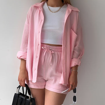 Julia - Casual set with lapel collar and high waist for women