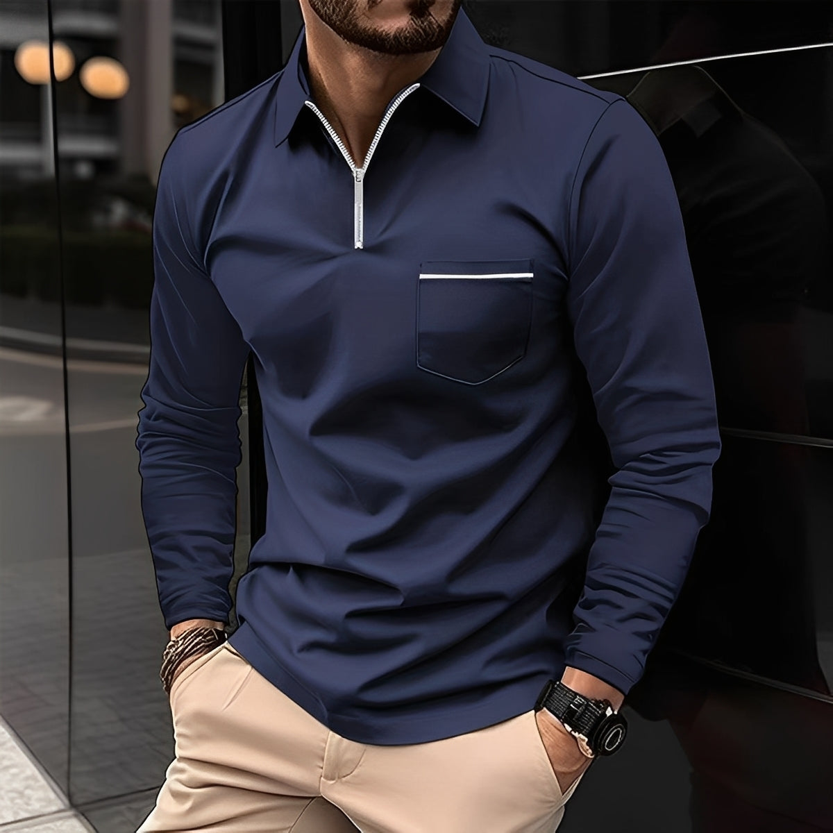 Florent - Long-Sleeve Men's Polo Shirt with Zipper