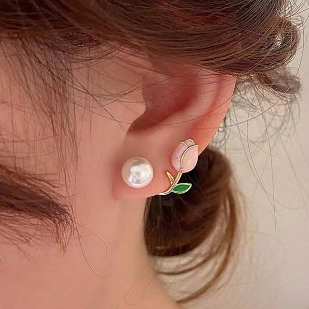 Tulip Pearl Earrings - Violet Flower Pearl Earrings