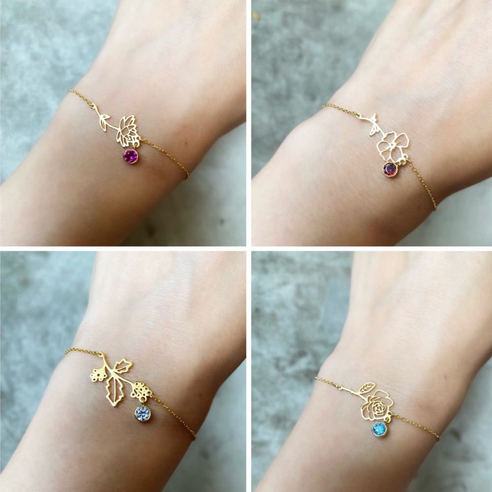 Birthday Flower Bracelet - Bracelet with Birthstone and Flower