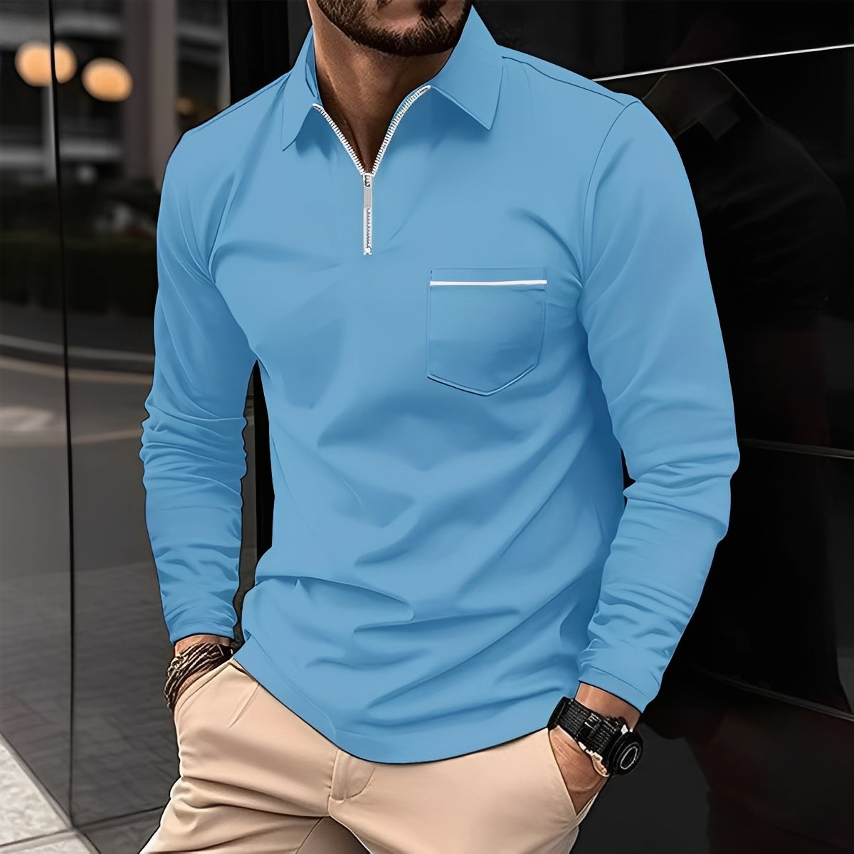Florent - Long-Sleeve Men's Polo Shirt with Zipper