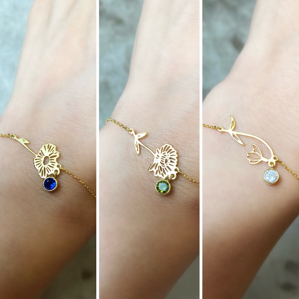 Birthday Flower Bracelet - Bracelet with Birthstone and Flower