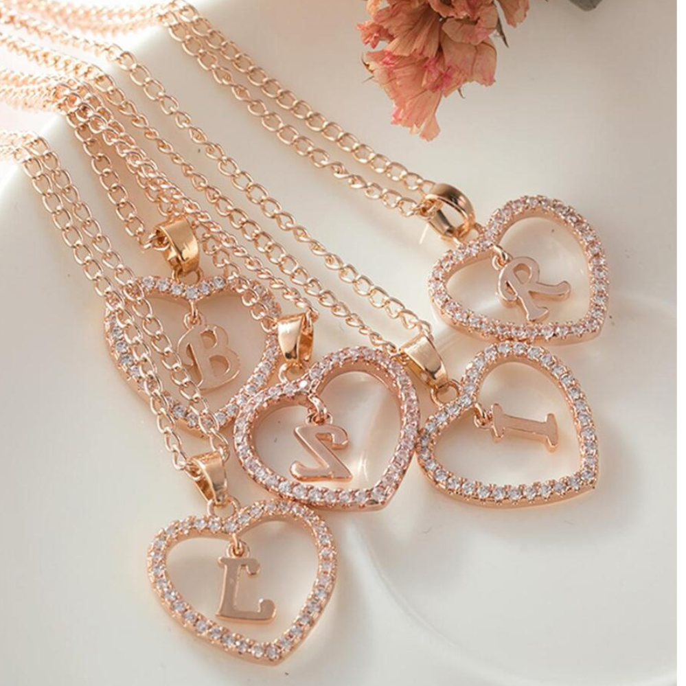 Heart Initial Crystal Necklace - Necklace with Heart Initial Pendant