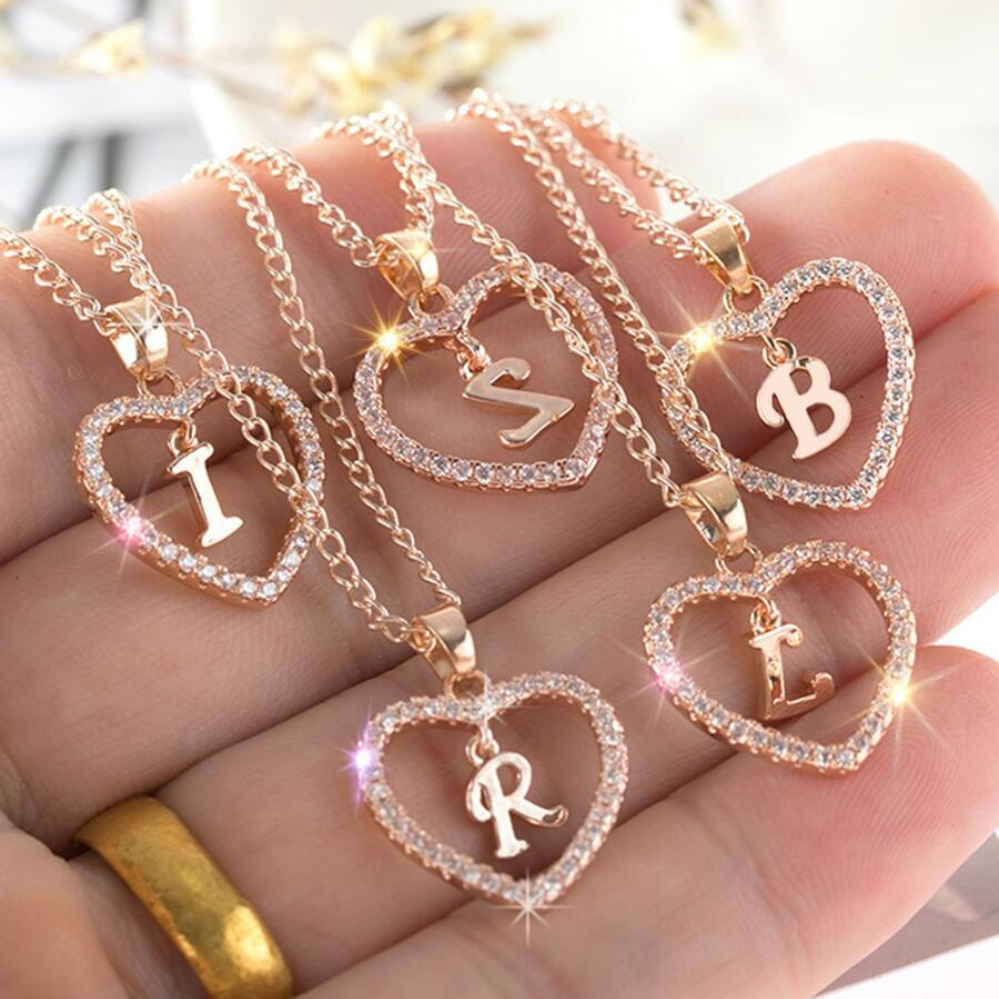 Heart Initial Crystal Necklace - Necklace with Heart Initial Pendant