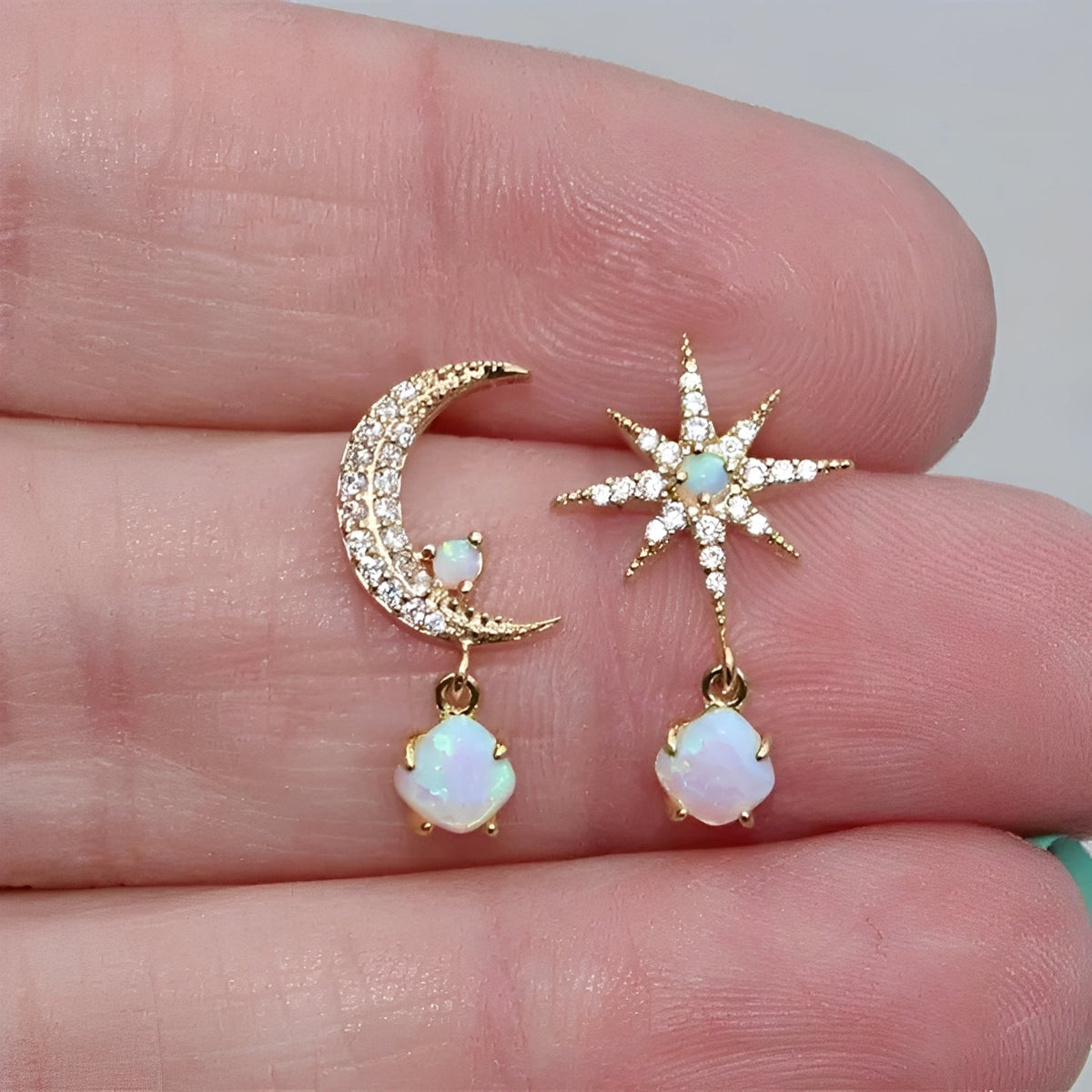 Astra – Golden Earrings of Moon and Star in Opal