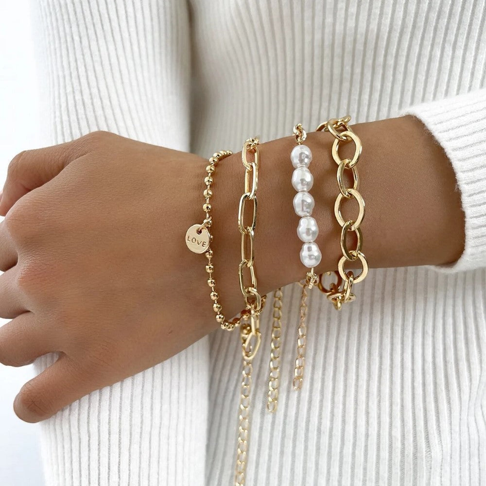 Golden Pearl Bracelet Set of 3 Pieces - Great Chain Set