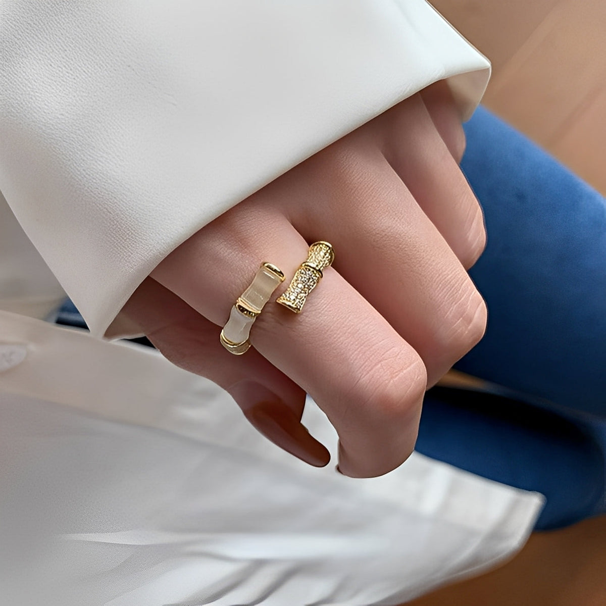Lysiane – Gold Bamboo Shaped Adjustable Ring