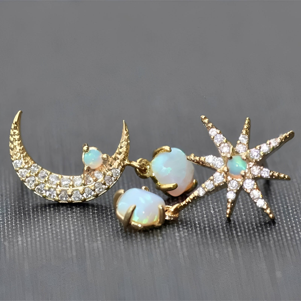 Astra – Golden Earrings of Moon and Star in Opal