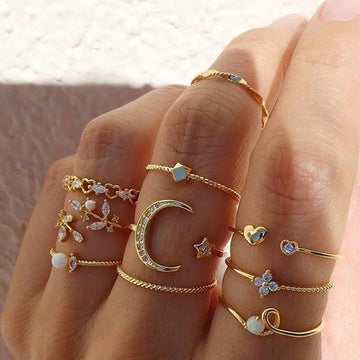 Savana – Set of 10 boho rings in silver and gold tones