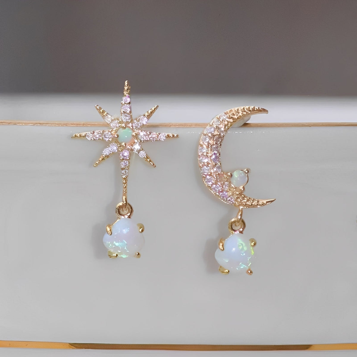 Astra – Golden Earrings of Moon and Star in Opal