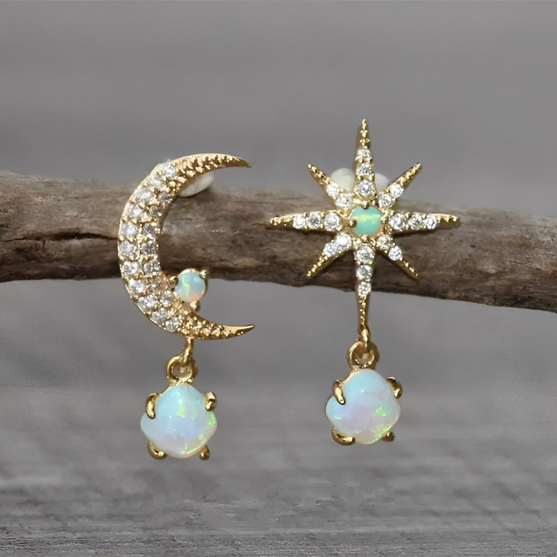 Astra – Golden Earrings of Moon and Star in Opal