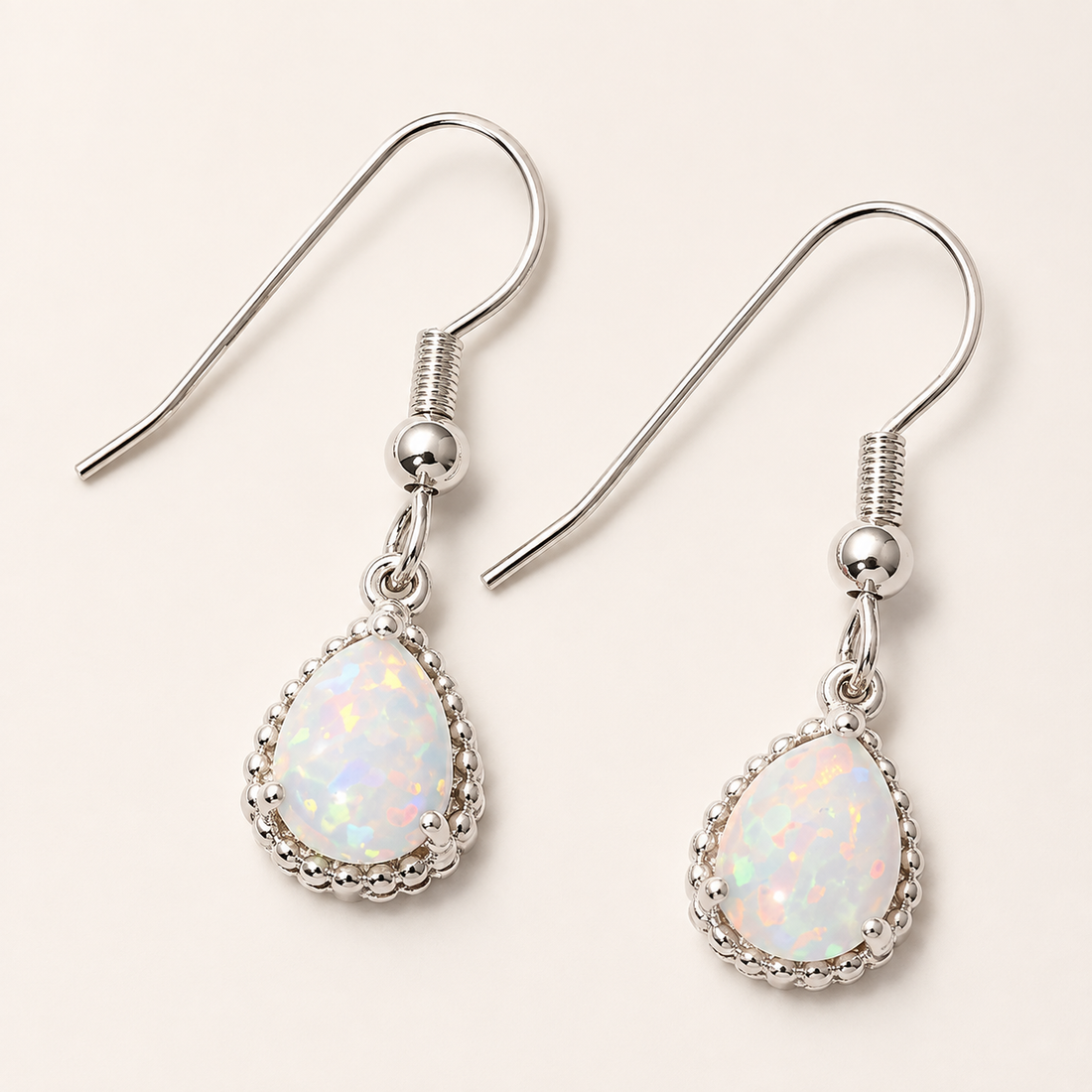 Emeline – Silver and white fire opal drop earrings