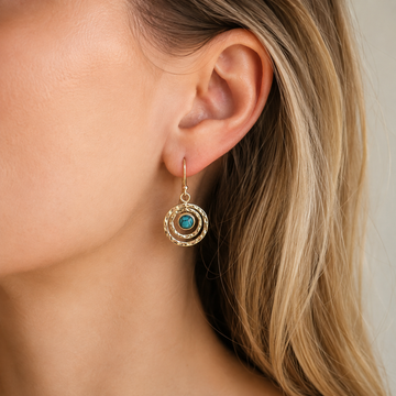 Nayah – Boho Saturn Earrings with turquoise stone, finished in silver and gold