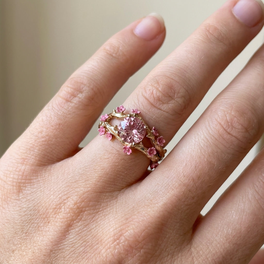 Elina – Golden enchanted ring with pink crystal and flowers