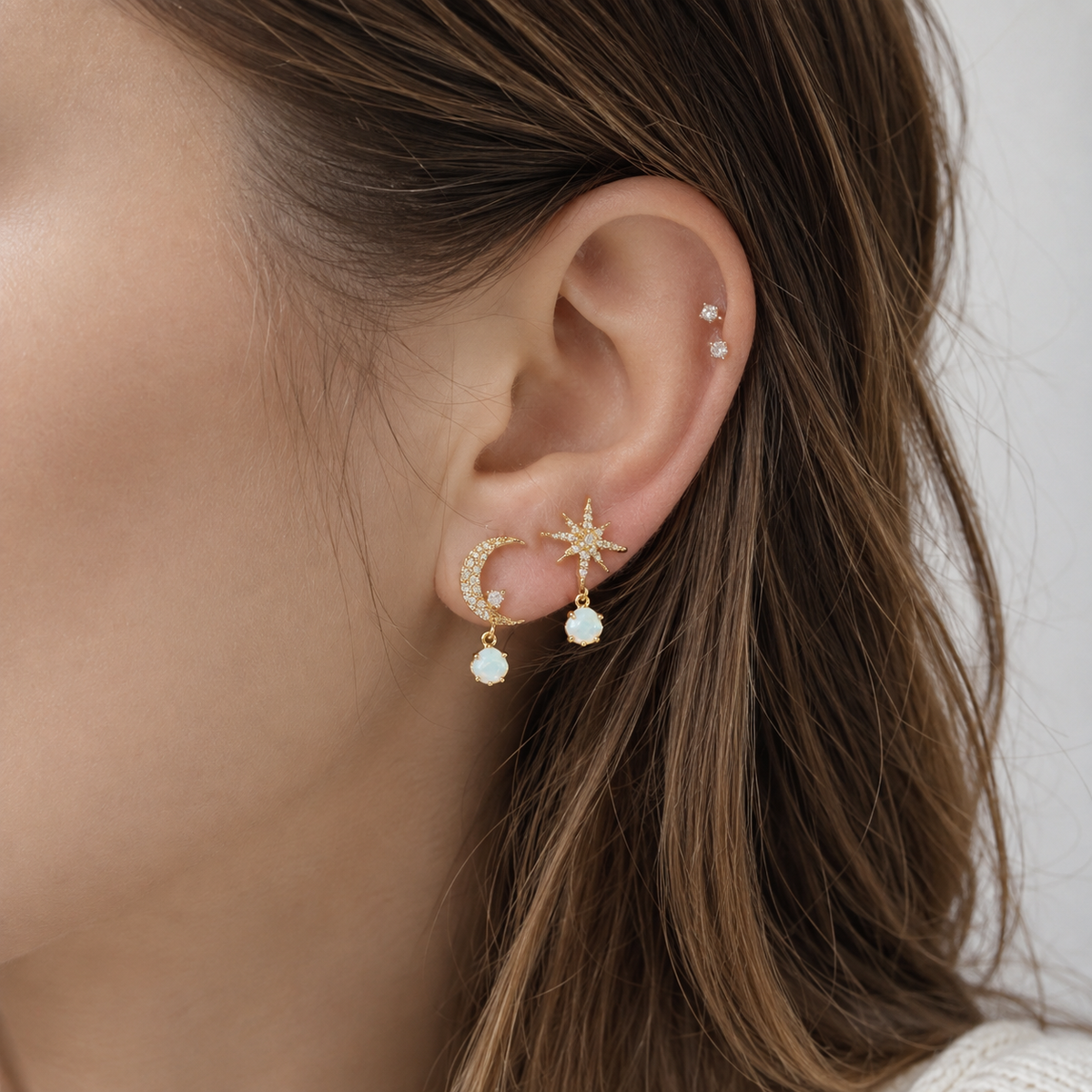 Astra – Golden Earrings of Moon and Star in Opal