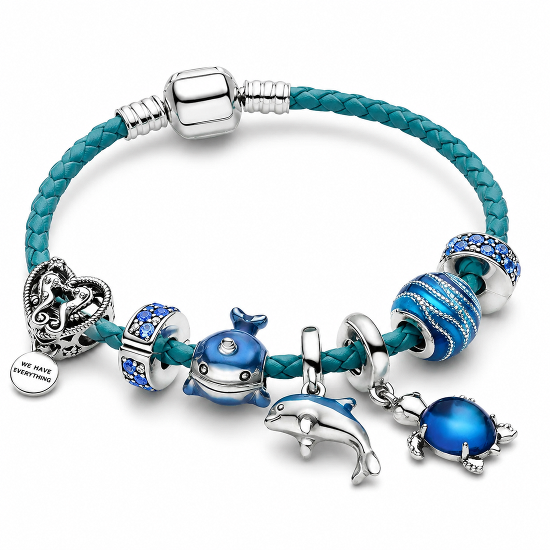 Ocean – leather and silver bracelet with marine charms