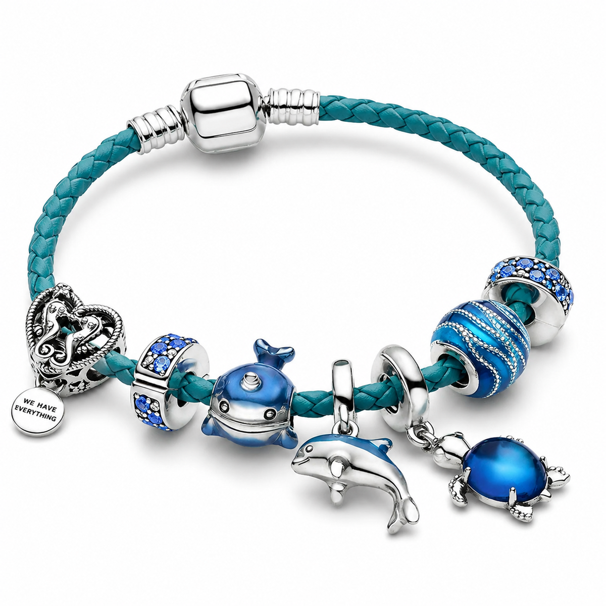 Ocean – leather and silver bracelet with marine charms