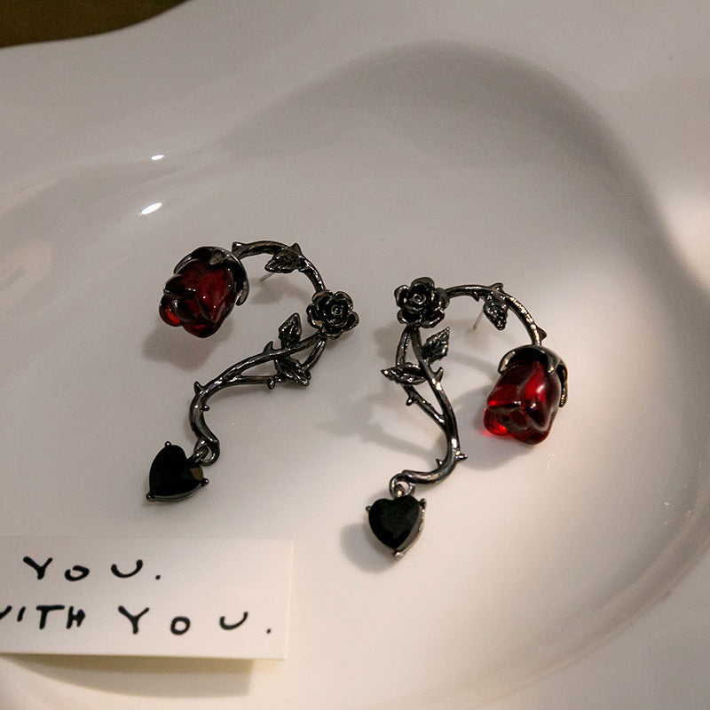 Rosalya – Earrings Red Rose and Dark Blackberry