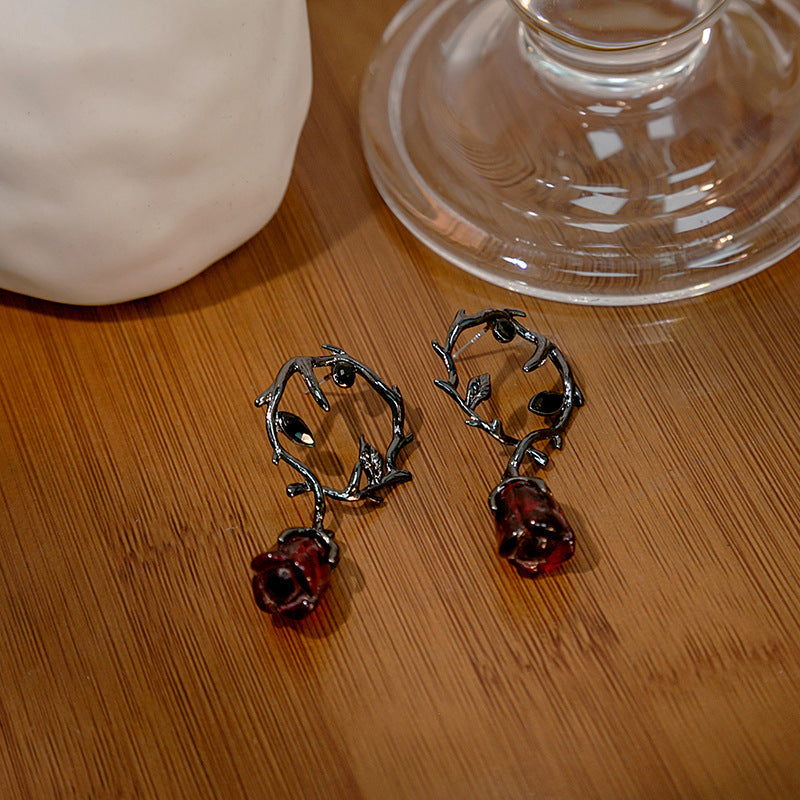 Rosalya – Earrings Red Rose and Dark Blackberry