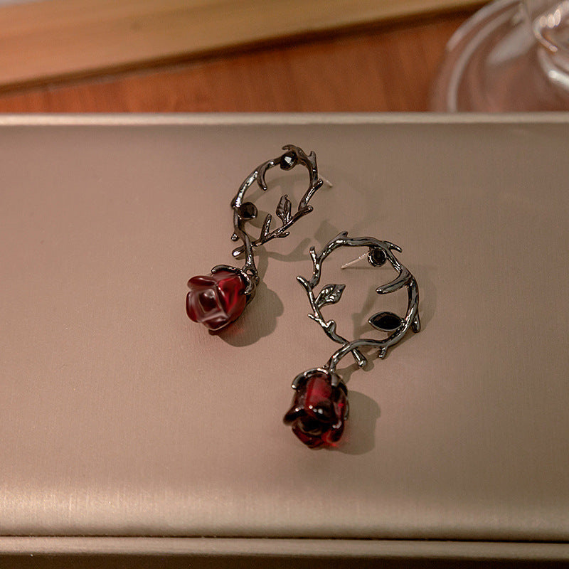 Rosalya – Earrings Red Rose and Dark Blackberry