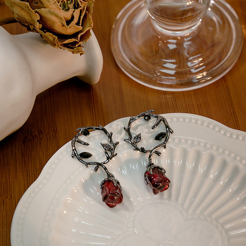Rosalya – Earrings Red Rose and Dark Blackberry