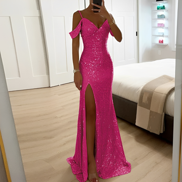 Lorena – Women's Evening Dress with Sequins, Open Shoulders and Slit